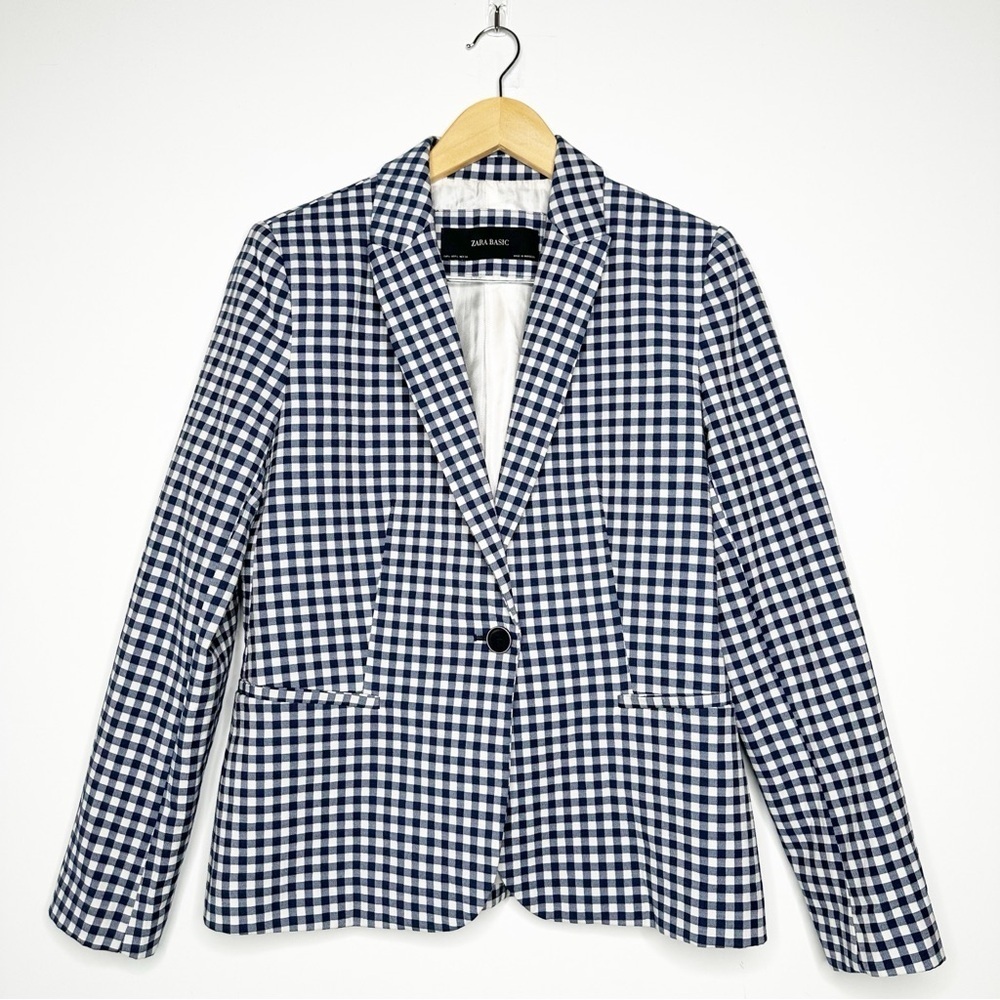 Zara Navy and White Gingham Check One Button Blazer Size Large
